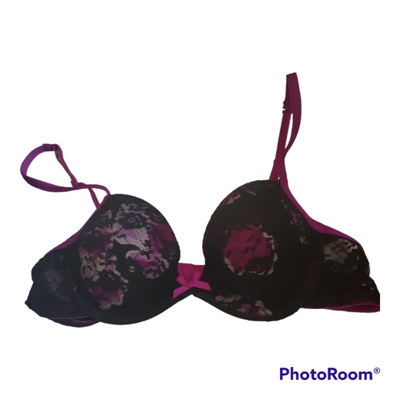 LA SENZA Black Purple Floral Print Lace Push Up Bra - Size 32A - Picture 1 of 4